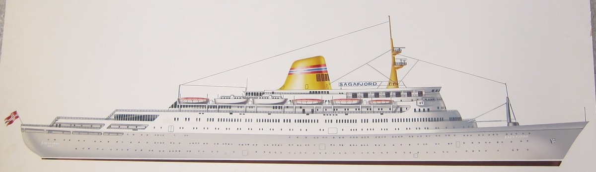 "Sagafjord" (b. 1965), skulle i 1980 opprustes til å bli ett av verdens mest luksuriøse passasjerskip. Et ekstra dekk med lugarer ble satt på i Tyskland. Plakaten er laget for å lansere den nye "Sagafjord".