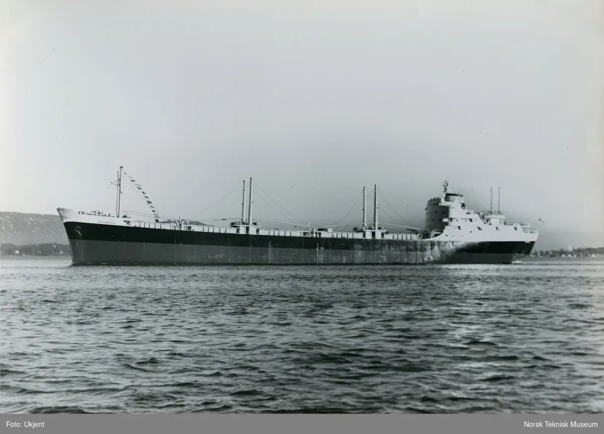 Eksteriør, tørrlasteskipet M/S Pelagos, B/N 534 (Stords B/N 57) i Oslofjorden. Skipet ble levert av Akers Mek. Verksted og Stord Verft 24. november 1961 til Seaways Shipping Co.