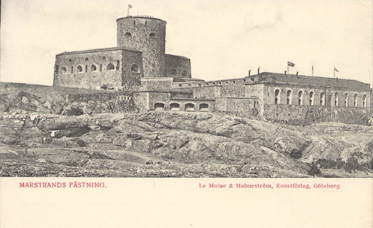 Tryckt text på kortet: "Marstrand. Fästning."
"Le Moine & Malmeström, Konstförlag, Göteborg."