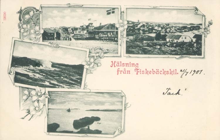 Tryckt text på kortet: "Hälsning från Fiskebäckskil."