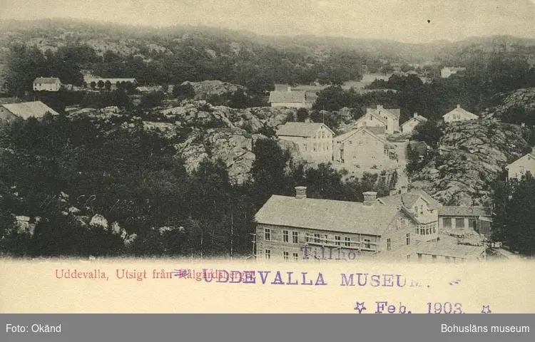 Tryckt text på vykortets framsida: "Uddevalla, Utsikt från Kålgårdsberget."