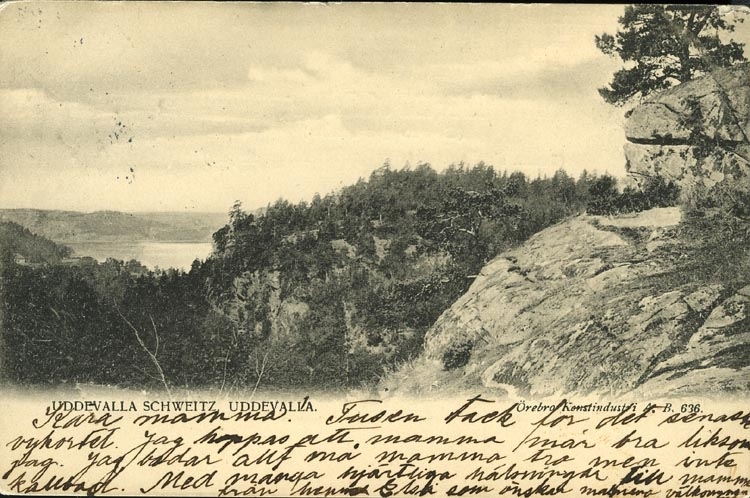 Tryckt text på vykortets framsida: "Uddevalla, Schweitz".