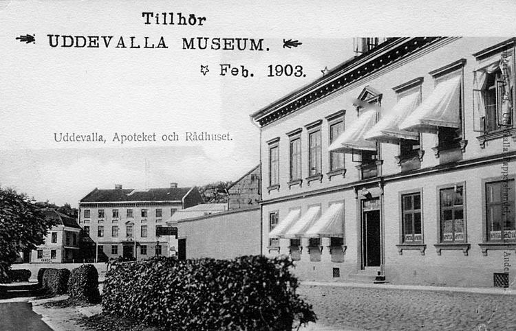 Tryckt text på vykortets framsida: "Uddevalla Apotek och Rådhuset."
