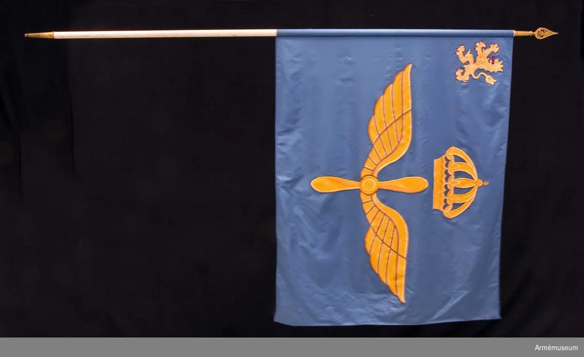Fanan är av siden. Motivet består av en bevingad propeller krönt av en kunglig krona, broderad i gult silke. I övre vänstra hörnet finns ett götalejon med röd tunga och klor, även det broderat. På doppskon finns texten: "Kungliga Göta Flygflottilj".