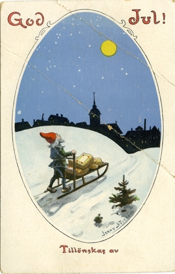 Kort: "God Jul! Tillönskas av" Tomte med kälke på väg att dela ut klappar på julafton