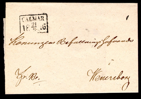 Text: Omslag till fribrev den 21 maj 1846 till Wenersborg

Albumblad innehållande 1 monterat förfilatelistiskt brev

Stämpeltyp: Normalstämpel 7  typ 2
