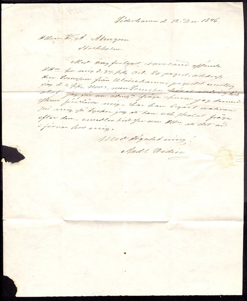Text: Brev från Söderhamn den 12 december 1846 till Stockholm

Albumblad innehållande 1 monterat förfilatelistiskt brev
