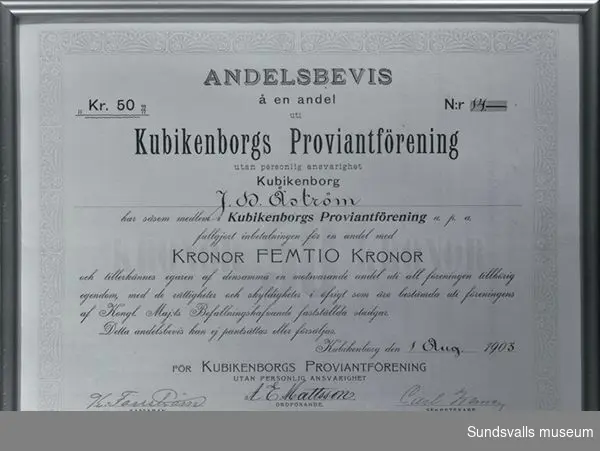 Andelsbevis för Kubikenborgs proviantförening.
