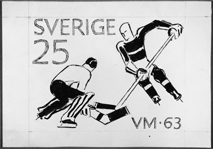 Frimärksförlaga till frimärket VM i ishockey, utgivet 15/2 1963. 1963 års VM i ishockey spelades i Stockholm.
Förslagsteckningar utförda av konstnären Georg Lagerstedt (1892 - ). Förslag 10. Tuschteckning. Valör 25 öre.