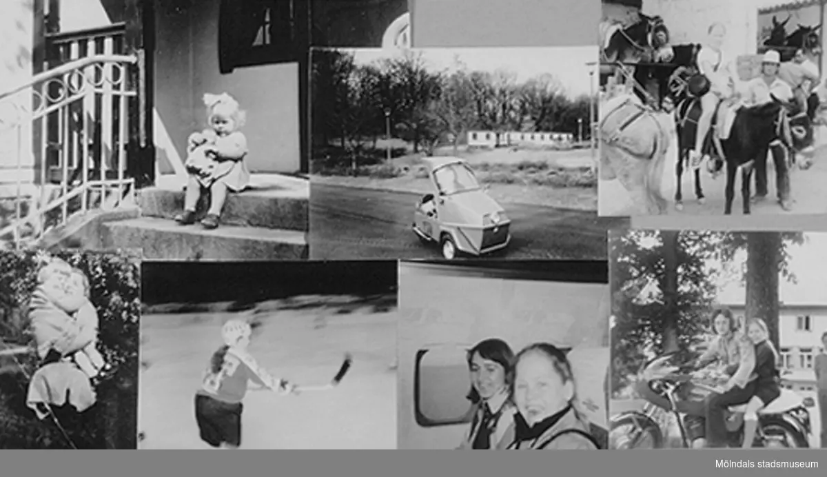 Collage av olika bilder på Inga-Lill Lipovsék. Hon bodde i egen lägenhet i Mölndal med sin hund Chico och arbetade på ett dagcenter i Lindome. Okänt årtal.