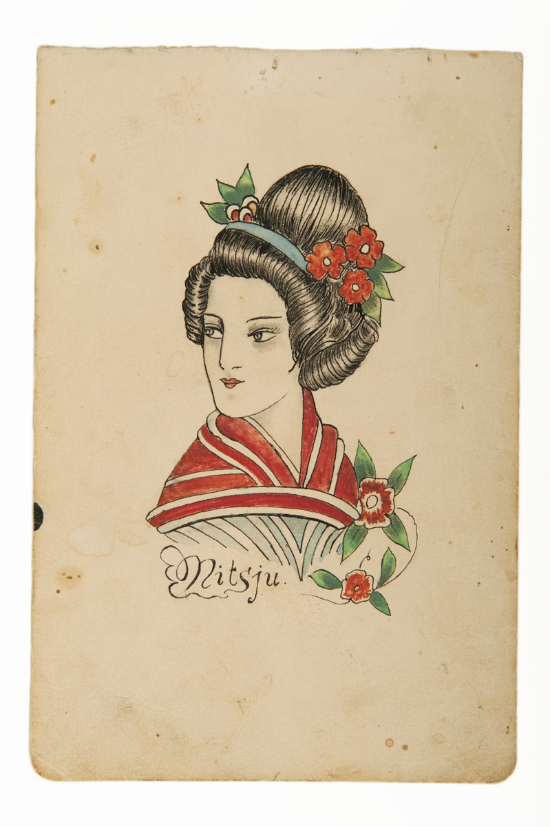 Tatueringsförlaga. Porträtt av geisha med röd sjal. Därintill ordet "Mitsju".