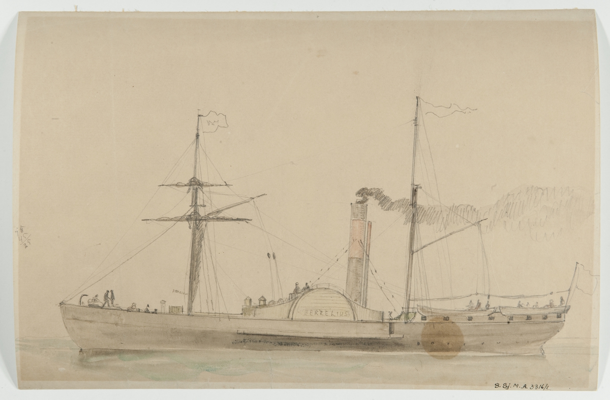 Hjulångfartyget Berzelius, teckning av P. W. Cedergren.