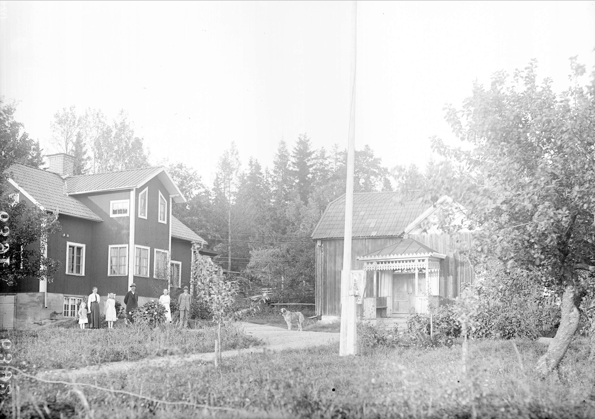 "Familjen Johanson i Kärvskog Torstunaby ute på gården, hunden står", Torstuna socken, Uppland 1920