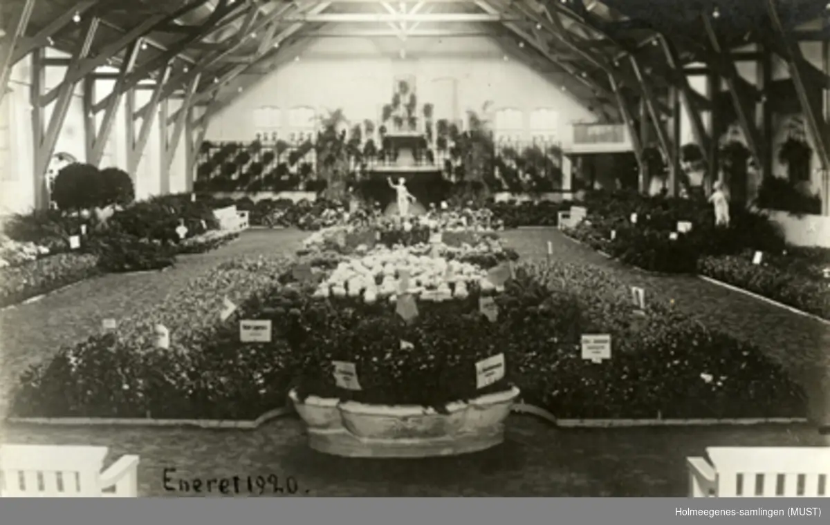 Antatt hageutstilling i Bergen, 1920. De to ovale skiltene inn mot midten i bildet er muligens Holmeegenes gartneris. Kopiert på postkort-papir.