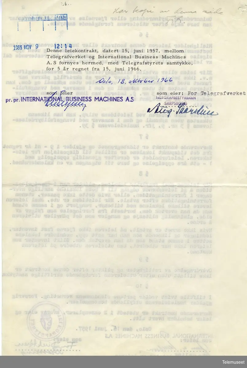 4.5 IBM Sarpsborg kontor - Leiekontrakt St. Mariegate 92, 15. juni 1957 (fornyet 18. oktober 1966)