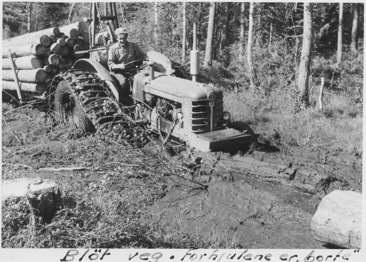 Traktor med tømmerlass på bløt skogsveg, 1965