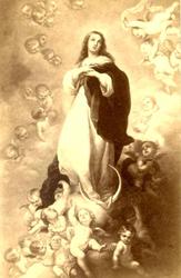 Visittkortbilde: Prospekt av Jomfru Maria omgitt av engler
(