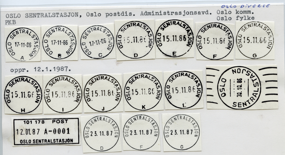 Stempelkatalog  Oslo, Oslo diverse (Postdirektoratet, Administrasjonsavdelingen,Transporten, Postens Godssenter)