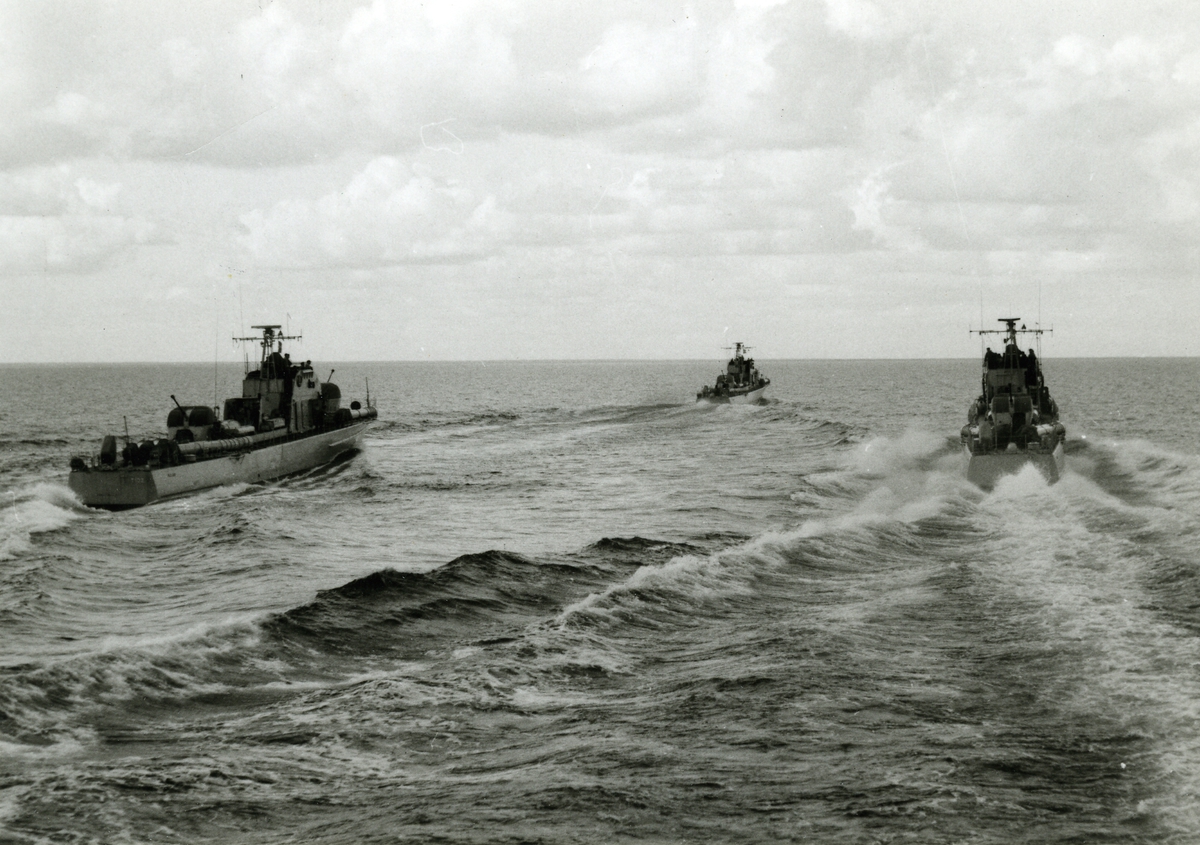 En division bestående av tre torpedbåtar av Plejad-klass till sjöss.