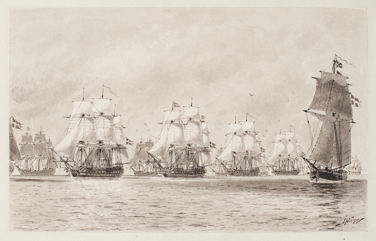 Lavering av Jacob Hägg föreställande svenska o engelska skepp som kryssar i södra Östersjön.