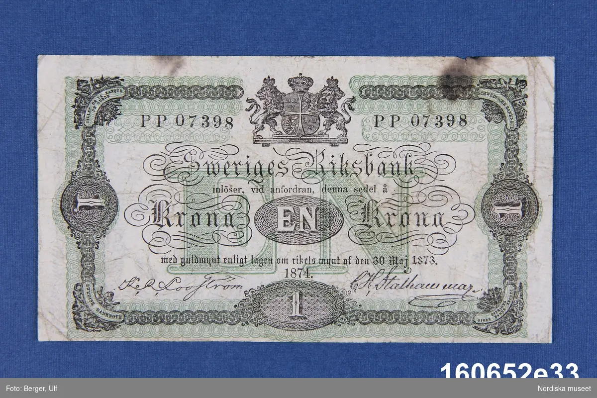 Sveriges Riksbank, 1 krona. Daterad 1874, nr PP 07398.