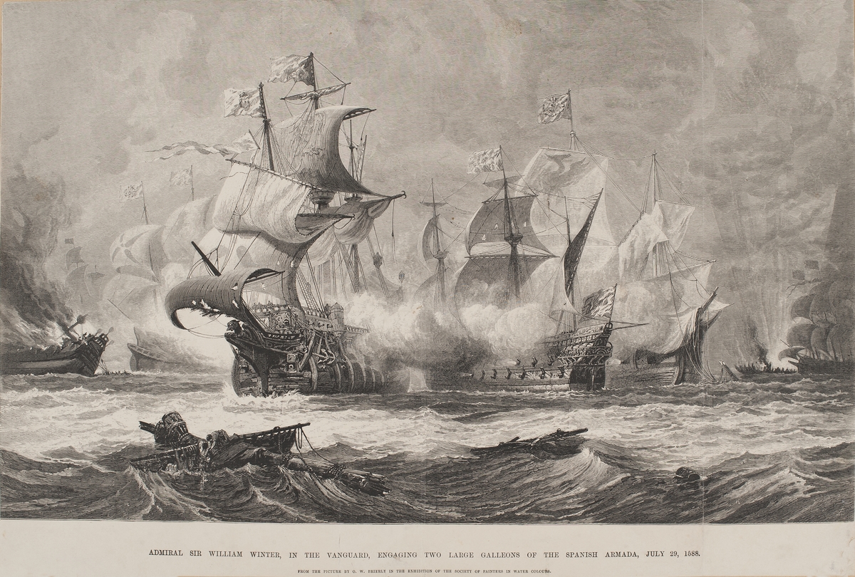Amiral sir William Winter, på "Vanguard" i strid med tvänne kanonskepp under stora spanska armadan 29/7 1588.