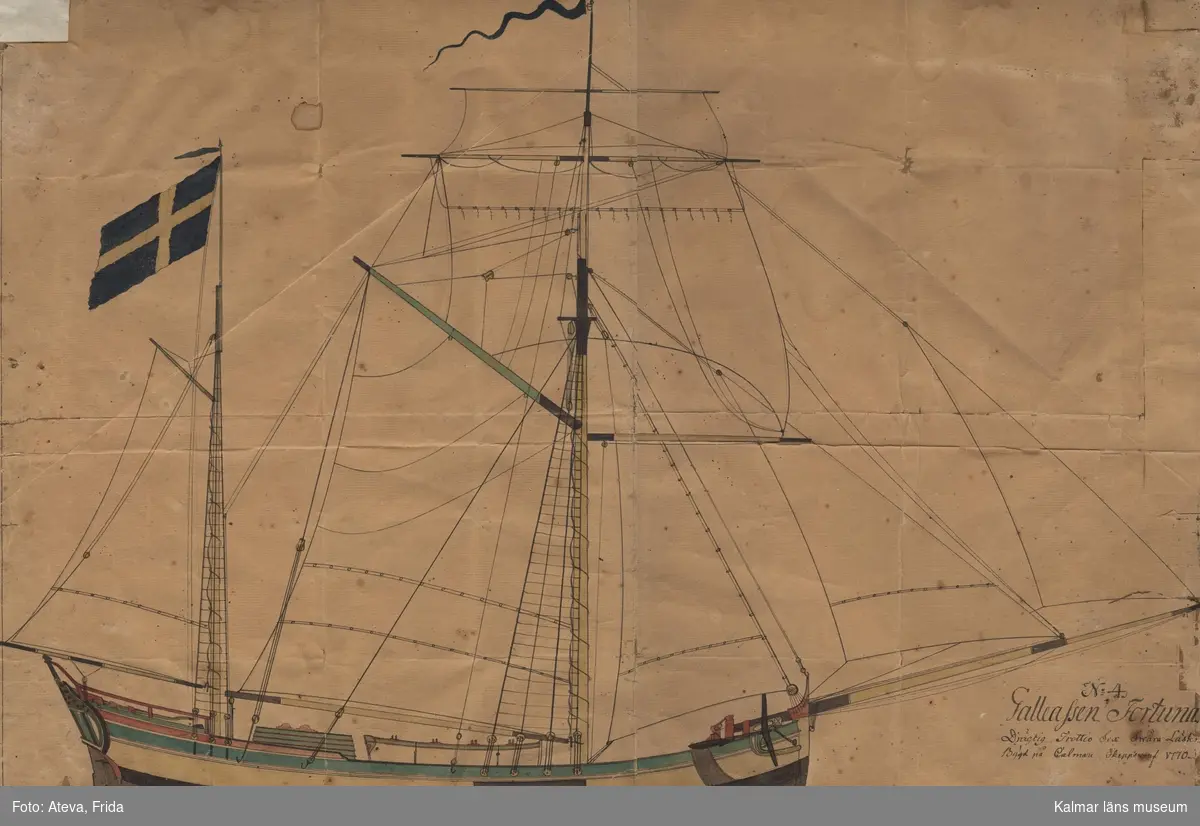 Fartyget Galleasen Fortuna, sedd från sidan. Hissade segel och flagga.