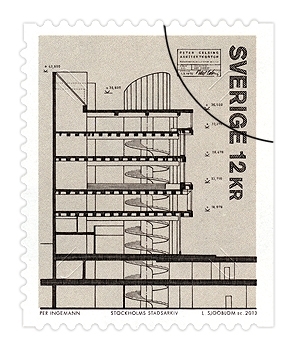 Kulturhuset (1974) i Stockholm. Arkitekt: Peter Celsing. Huset var en tid riksdagshus.
Självhäftande frimärke i Frimärkshäfte med fem frimärken i fem olika motiv. Valör 12 kr.