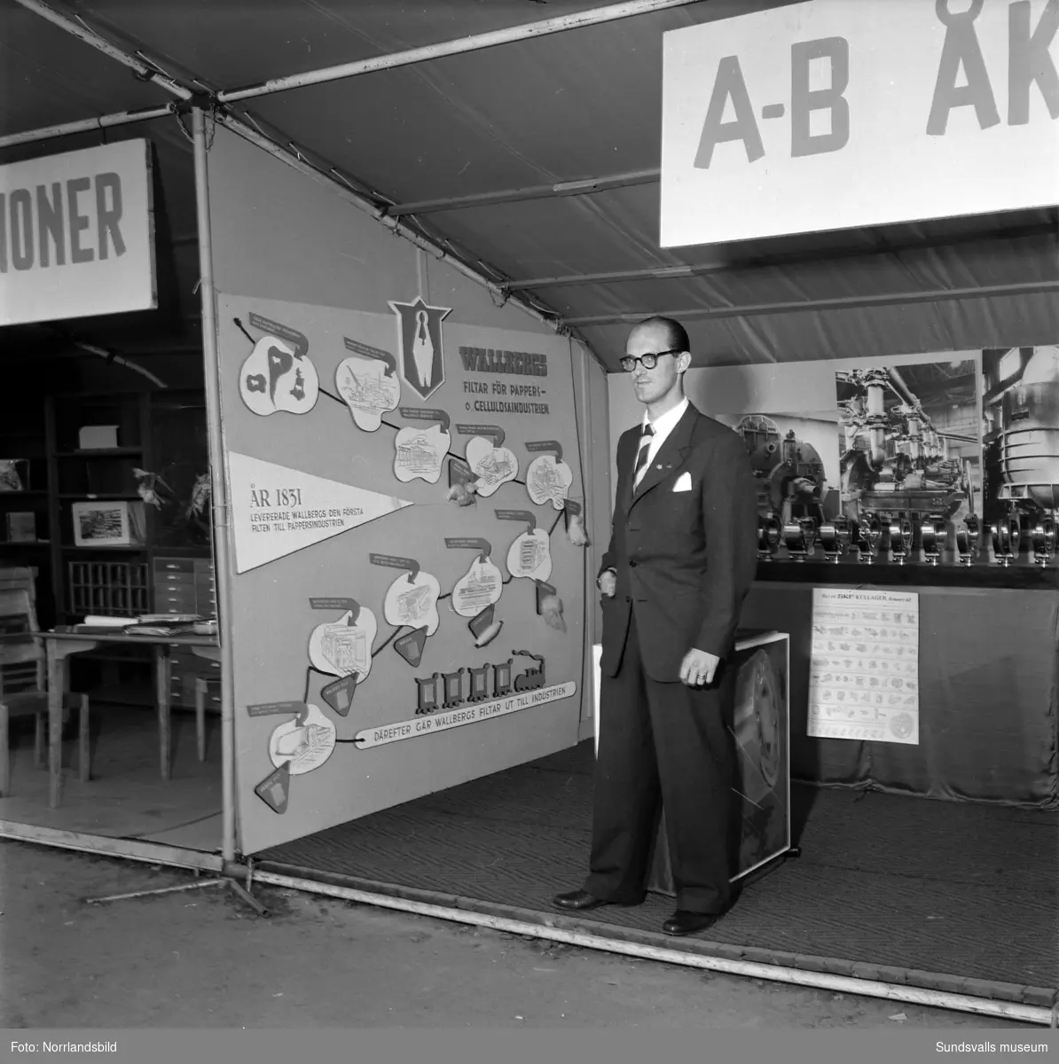 Åkesson & Blomquist har en monter på Sundsvallsmässan 1954. Maskiner och tillbehör till massaindustrin.