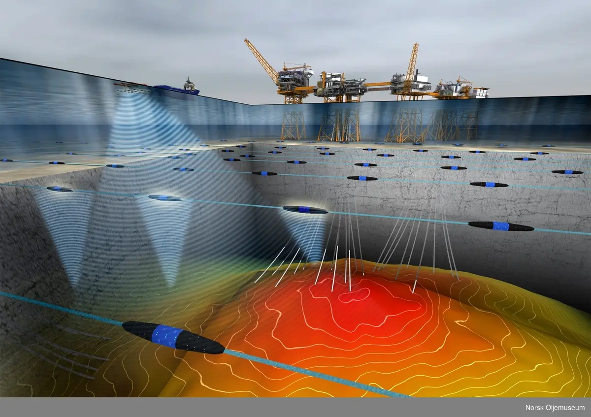 3D modell av Valhallfeltet med plattformer og havbunn. Det er også lagt opp punkter for måling av seismikk.