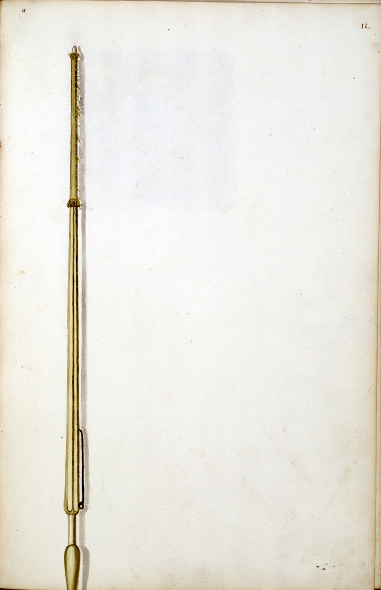 Avbildning i gouache föreställande fälttecken taget som trofé av svenska armén. Den avbildade standarstången finns inte bevarad i Armémuseums samling.