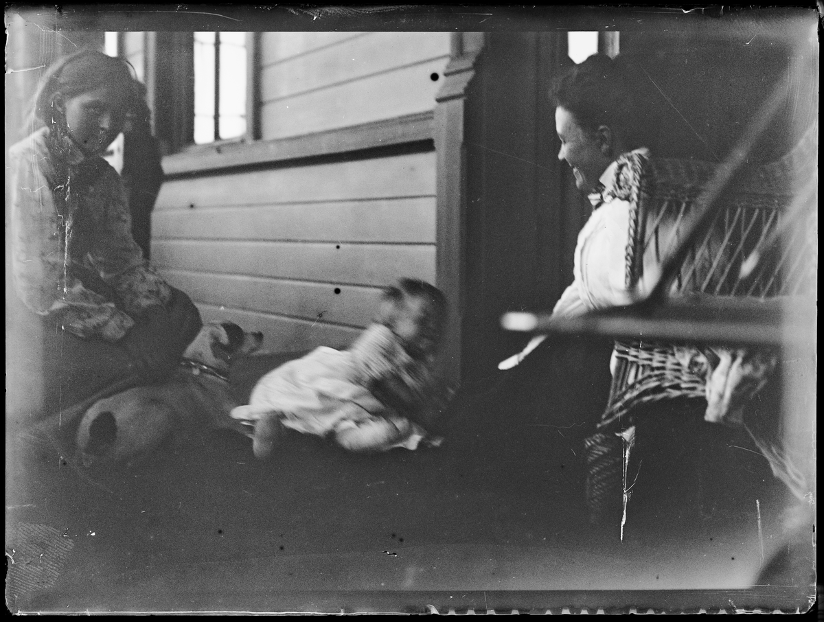 "Eidsvold" (inskr eske).
To damer, en baby og en hund på en veranda.