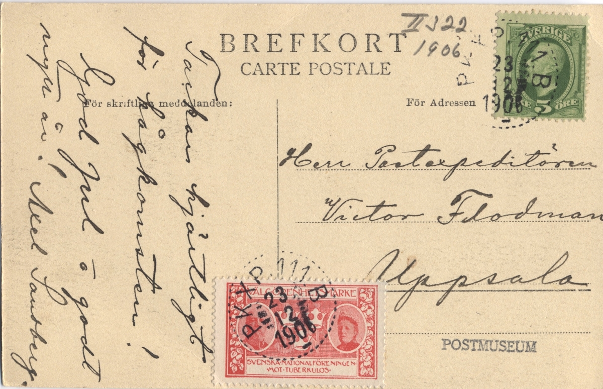 Brevkort med motiv av post och telegrafhuset i Norrköping avsänt med PKXP 111 till Uppsala 1906 den 23/12.