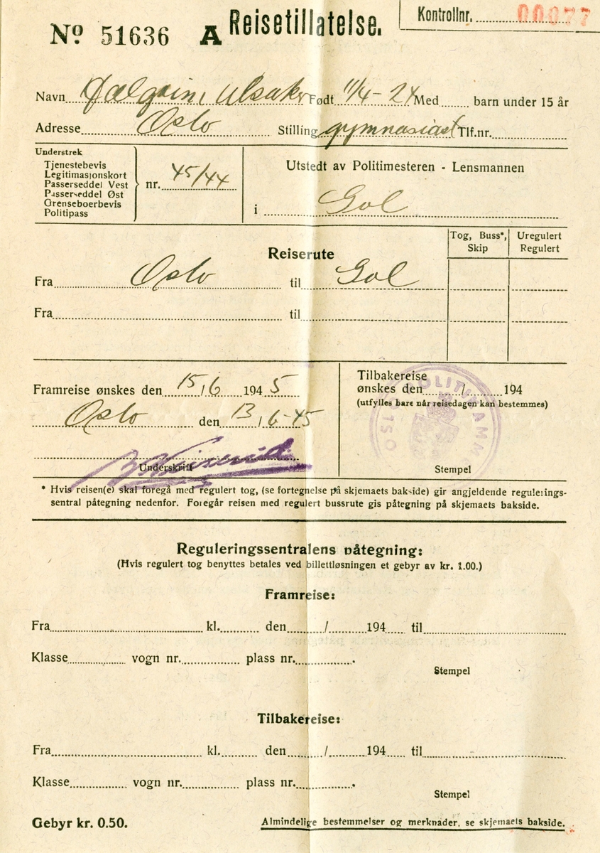 Reisetilatelse for Halgrim Ulsaker Oslo- Gol 13/6 1945