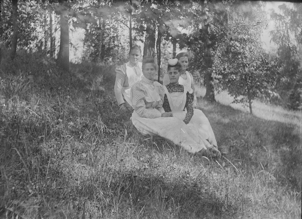 Fire kvinner, i ulik alder og iført forklær, sitter sammen i en gresskledd og blomstrende bakkeskråning, sannsynligvis på Linderud Gård.