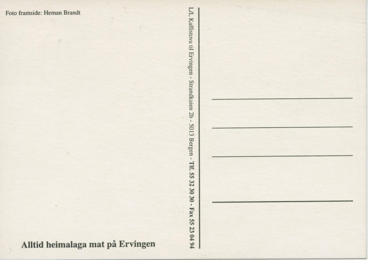 Postkort med motiv frå L/L Kaffistova til Ervingen i Bergen. Postkortet har bilete av raspeballar, saltkjøt, og pølser.