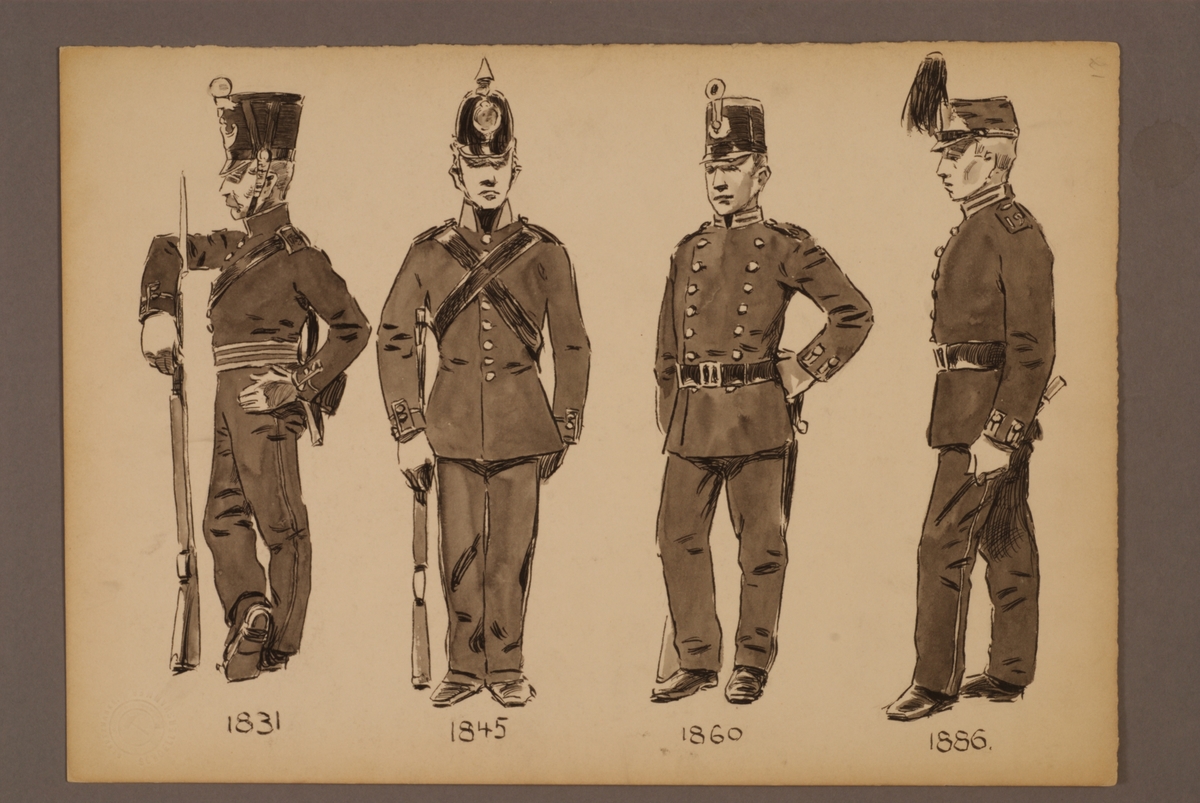 Plansch med uniform för Norr-och Västerbottens fältjägarregementen för åren 1833-1886, ritad av Einar von Strokirch.