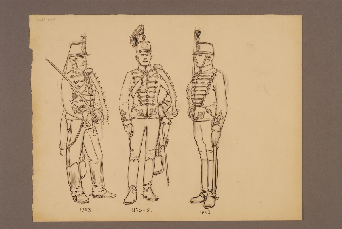 Plansch med uniform för Smålands husarregemente för åren 1853-1893, ritad av Einar von Strokirch.