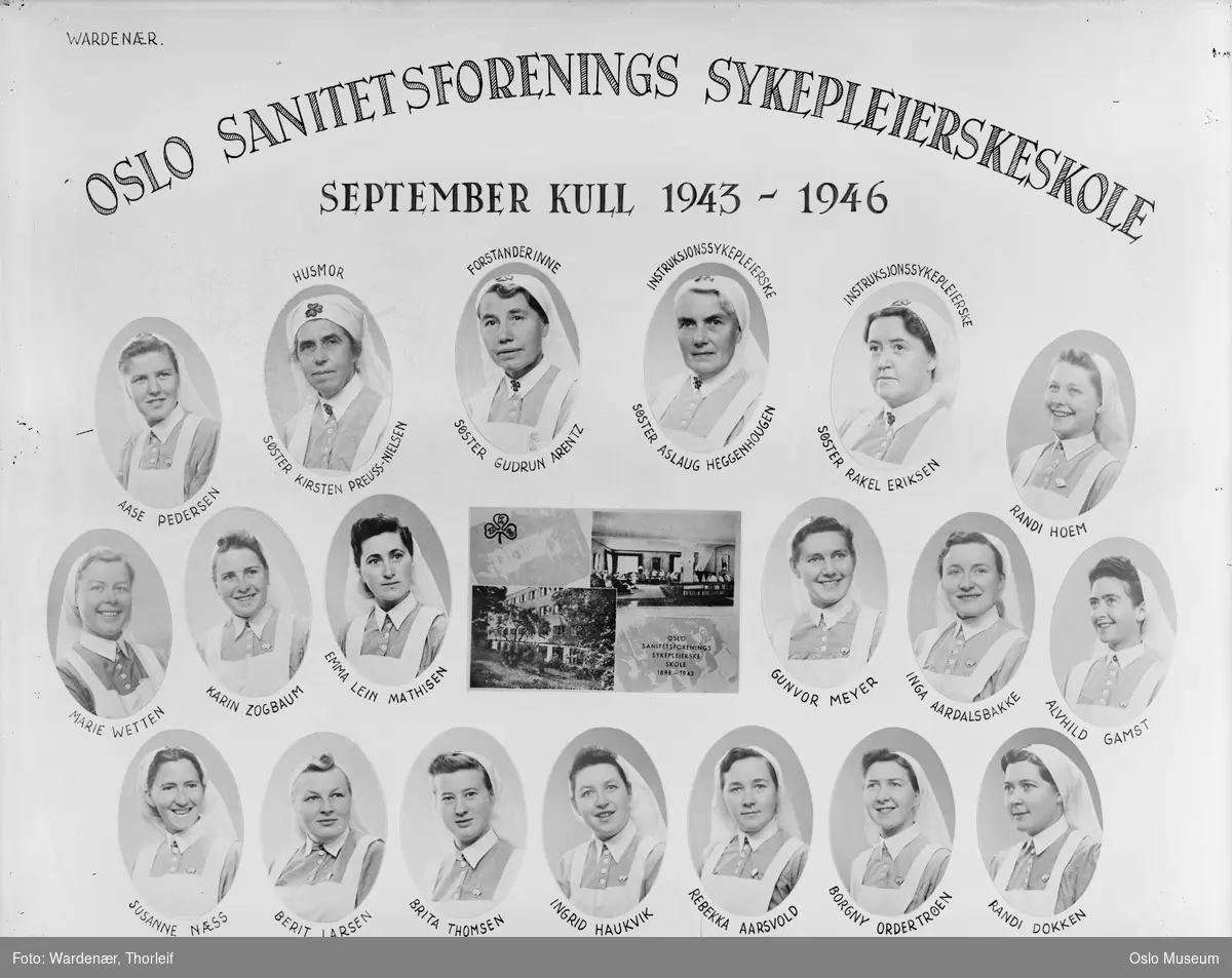 montasje: Oslo Sanitetsforenings Sykepleierskeskole, septemberkull 1943-1946, portretter, kvinner, sykepleiersker, brystbilder