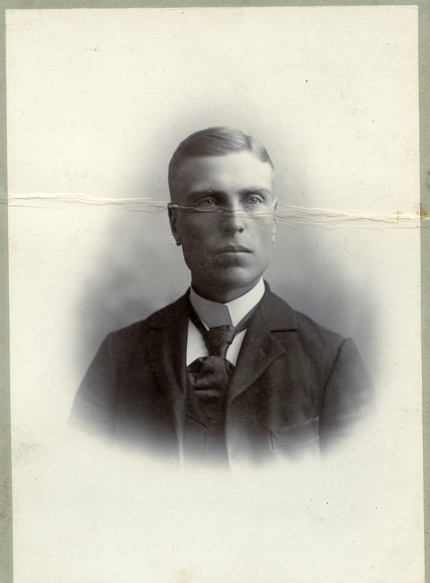 Portrett i halvfigur av ung mann. han er kledd i dress og slips.