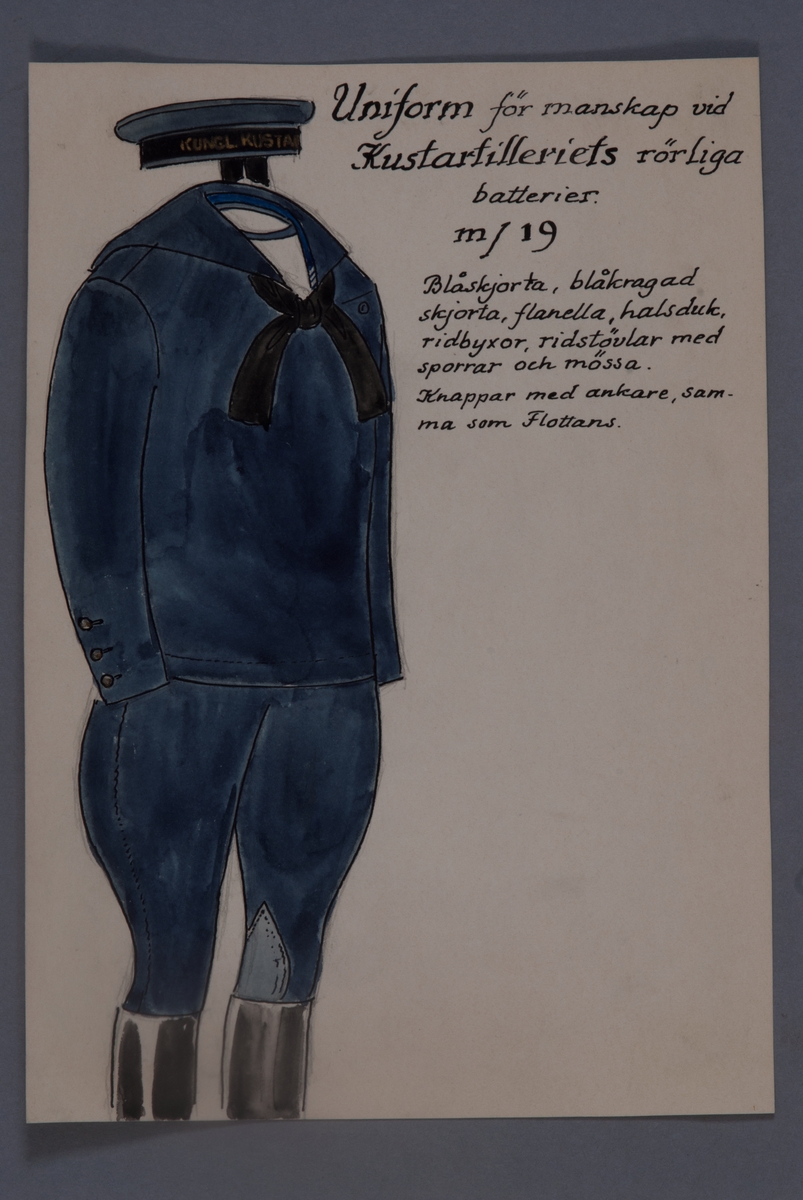 Uniformsteckning i original av Einar von Strokirch, för manskap vid Kustartilleriets rörliga batterier.