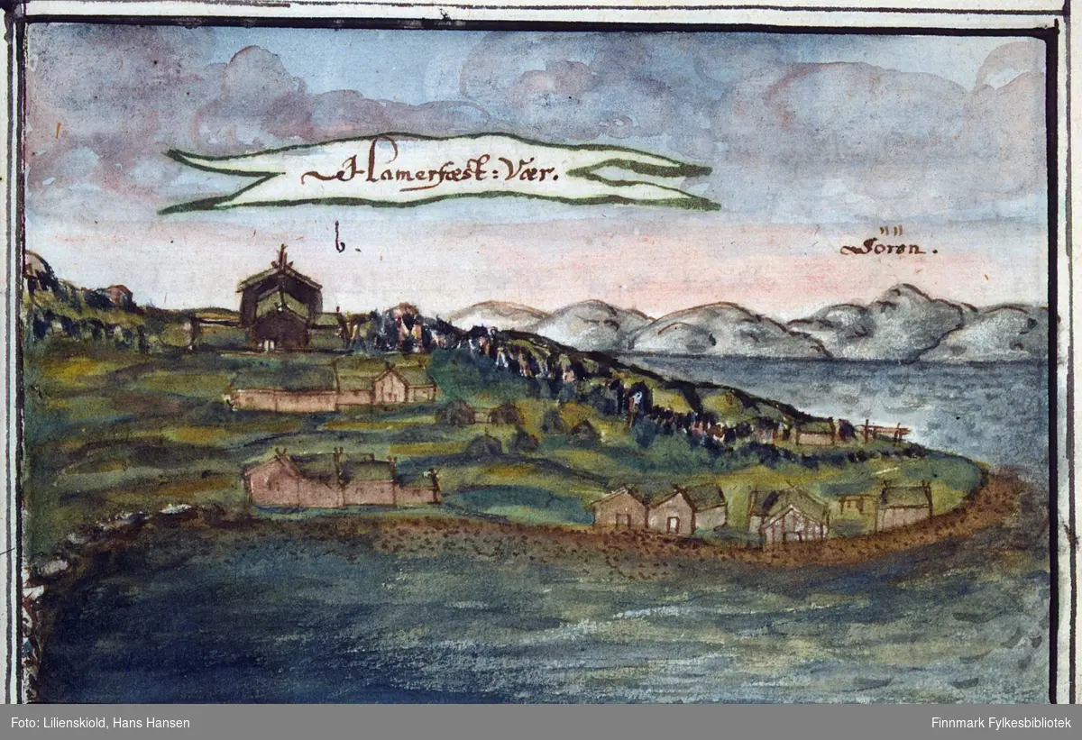 Bebyggelsen og kirka i Hammerfest. tekst på bildet: Hamerfæst: Vær. SÃ¶rÃ¶n