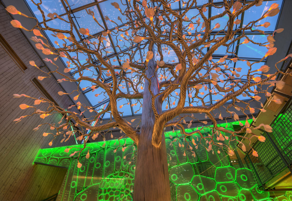 Bildet viser det fantastiske treet, et kunstig tre som kan lyse i flere forskjellige farger, avhengig av årstid.