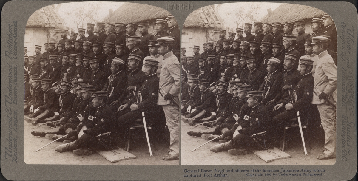 Stereobild av General Baron Nogi och soldater, i kända Japanska armén vilken besegrade Ryssarna i Port Arthur (senare Lüshunkou).