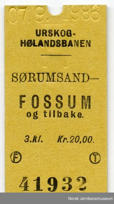 Museumsbanen Urskog-Hølandsbanen, billett Sørumsand-Fosseum og tilbake, 3. kl.