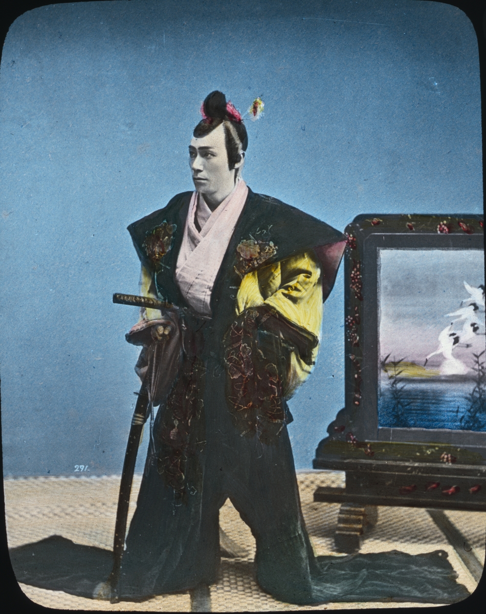 Kolorerad skioptikonbild av japansk samurai.