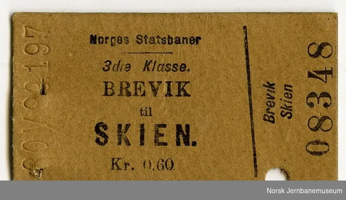 Billett Brevik-Skien, 3. kl.