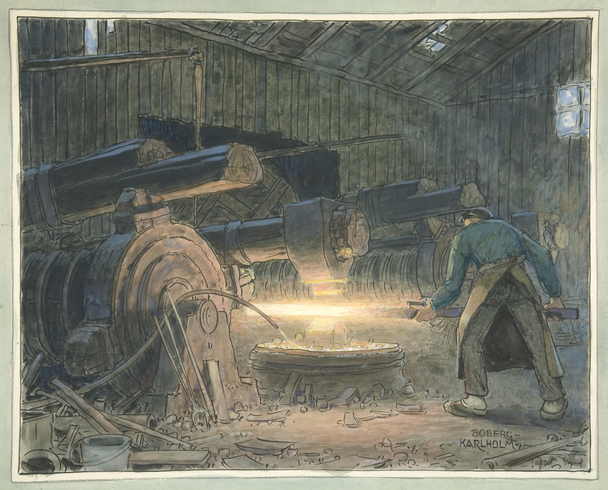 Akvarell föreställande stångjärnssmed vid räckhammaren i Karlholms smedja, Dalarna oktober 1930. Sista gammaldags smidet i Sverige.