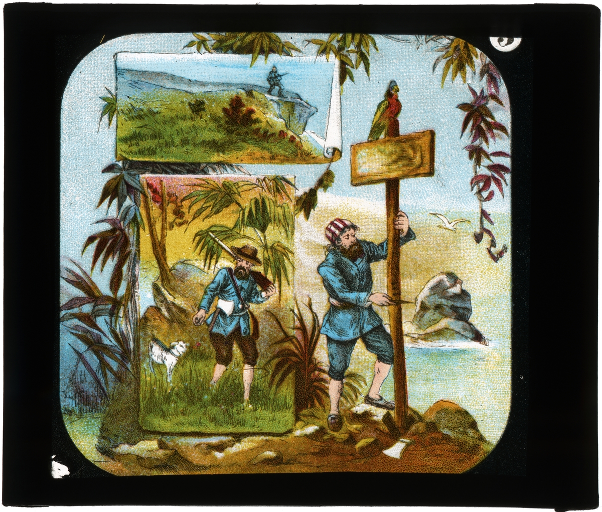 Målad bild på glas för Skioptikon/Laterna magica.
"Robinson Cruse".
3. Robinson gör en påle på ön, för att markera datum i.