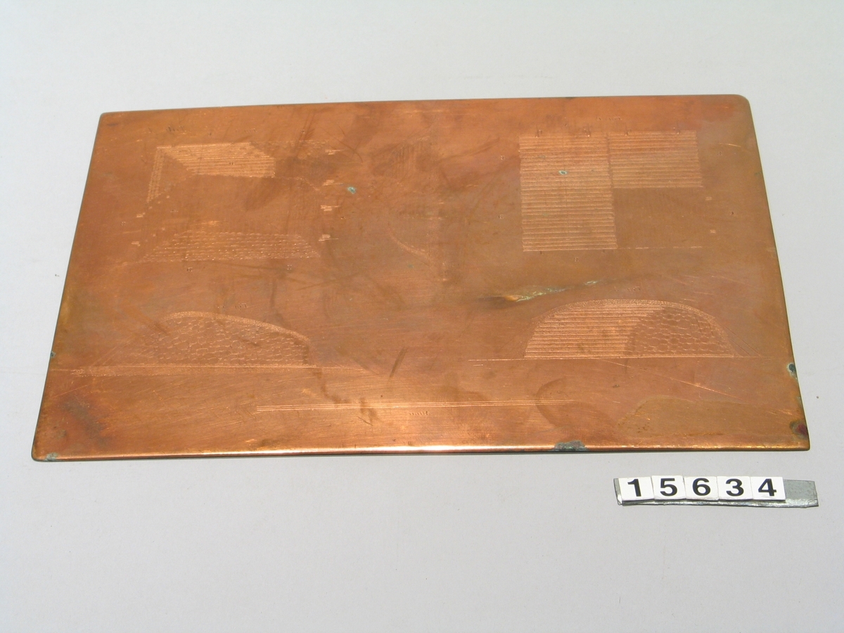 5 st. graverade koppartryckplåtar för diverse, inte identifierade planscher.